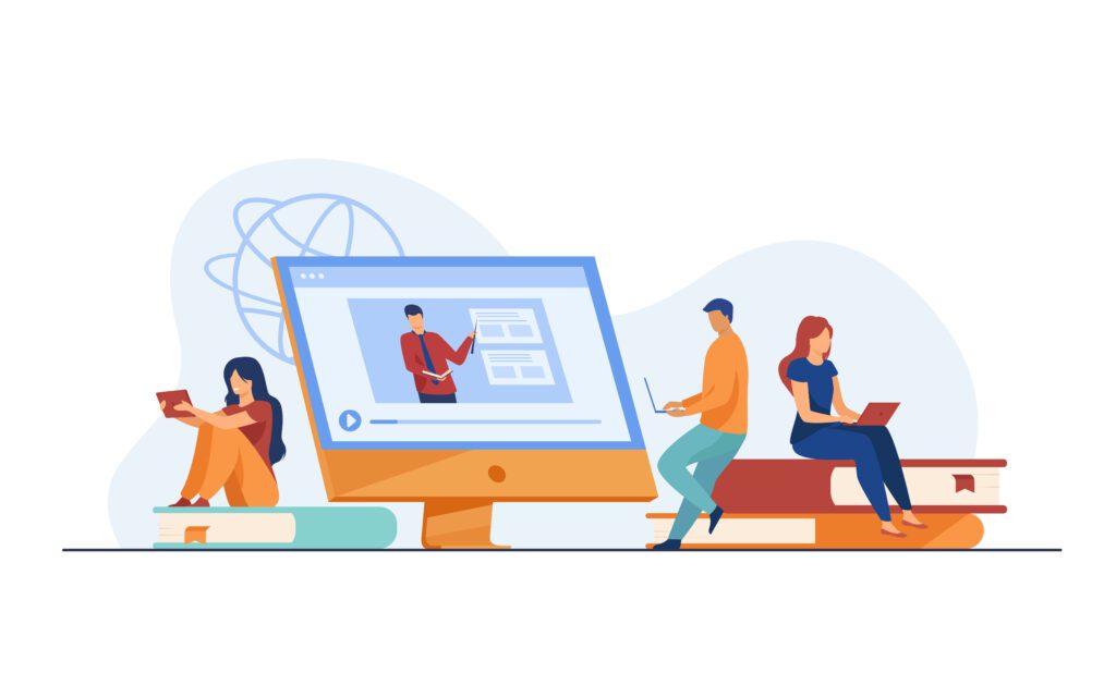 Group of students watching online webinar. Young men and women sitting on stacks of books, using laptop computers. Vector illustration for internet course, video lecture, education concept