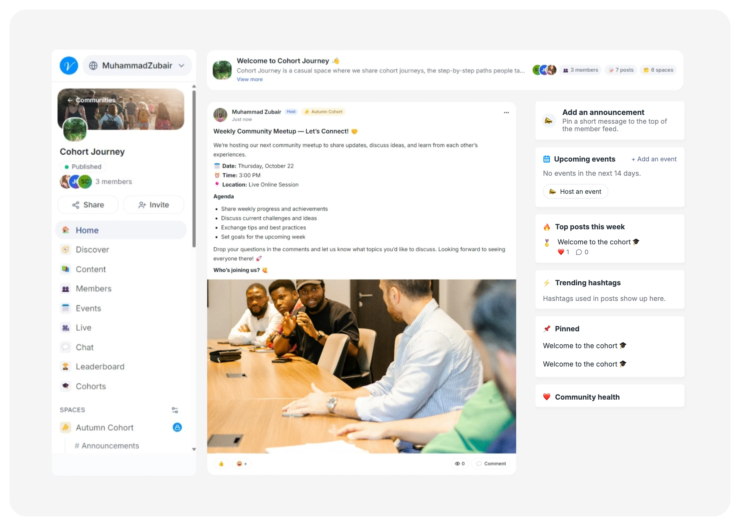 Vonza community feed with a meetup post, member spaces and upcoming events