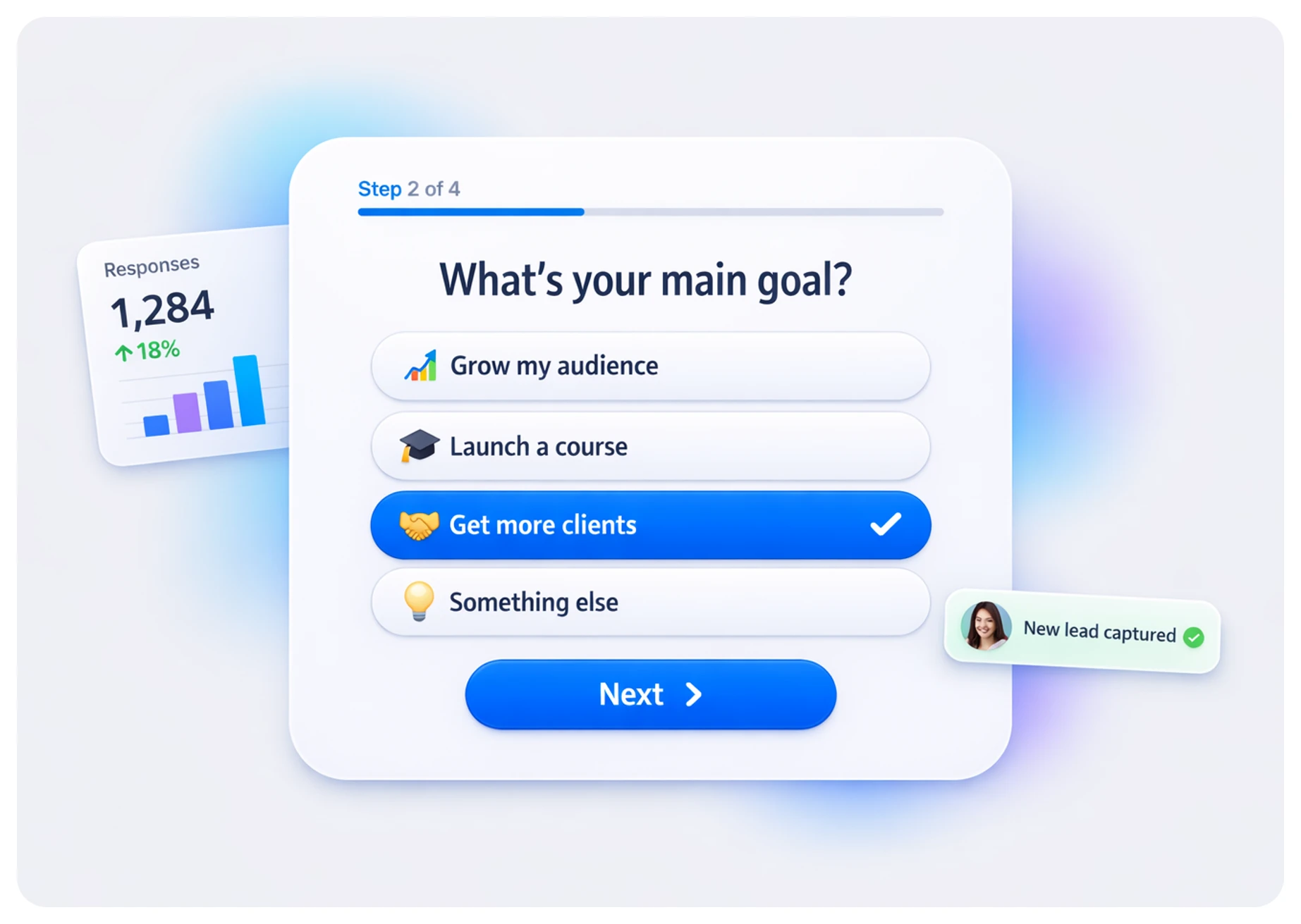 Vonza form asking one question at a time, with a response count and a new lead
